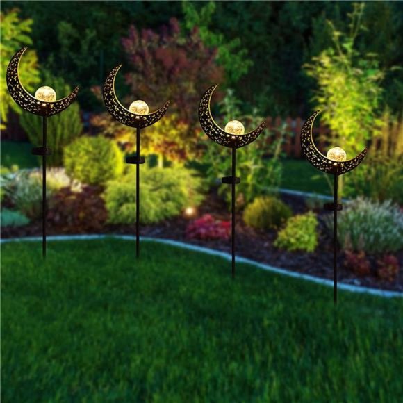 2 Pack Solar Garden Lights,Outdoor Crescent Moon Crackle Glass Globe Stake Light - Picture 6 of 6